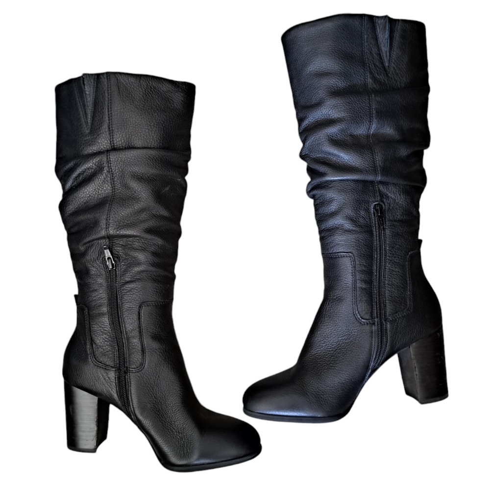 VIONIC LOLITA BLACK pebbled leather block high heel slouchy boots coastal  SZ 7